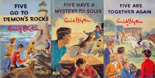 First edition dustjackets for "Five Go to Demon's Rocks", "Five Have a Mystery to Solve" and "Five Are Together Again" illustrated by Eileen Soper