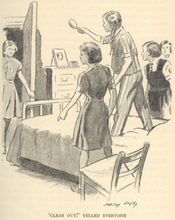 Irene brandishing her hairbrush so fiercely she nearly hits Belinda in the face in "In the Fifth at Malory Towers" illustrated by Stanley Lloyd. 