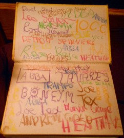 There's no excuse for this - all my Mum's favourite bands in crayon on the back endpapers. 