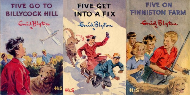 First edition dustjackets from "Five Go to Billycock Hill", "Five Get Into a Fix" and "Five on Finniston Farm" illustrated by Eileen Soper