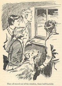 The Five see a strange sight from the cabin in "Five Get Into a Fix" illustrated by Eileen Soper