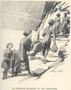 The girls moving their Midnight feast indoors. Illustration by Stanley Lloyd.