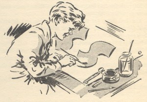 Peter at work on the Secret Seven Sign. Drawn by George Brook 1949.