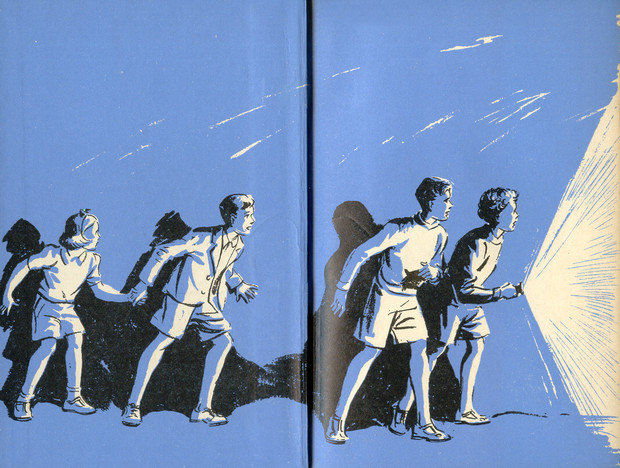Endpapers of Five Run Away Together, 1944 Hodder & Stoughton 1st Edition, by Eileen Soper. Oh for a torch like that!