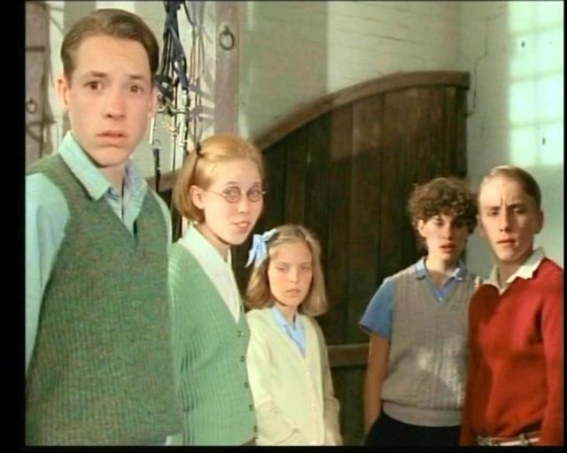 The Five and Henry in Five Go to Mystery Moor (L-R) Marco Williamson as Julian, Bianca Bonomi as Henry, Laura Petela as Anne, Jemima Rooper as George and Paul Child as Dick