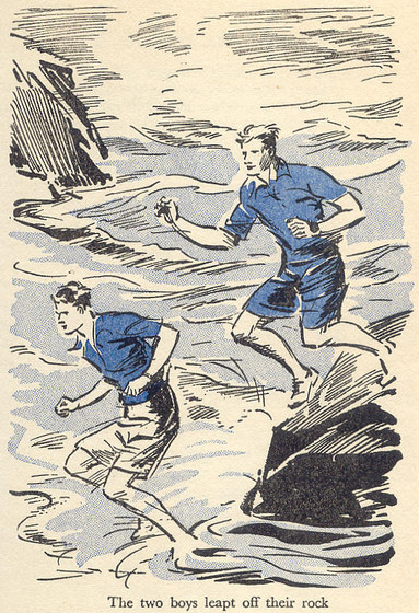 julian and dick leap off a rock, five go down to the sea
